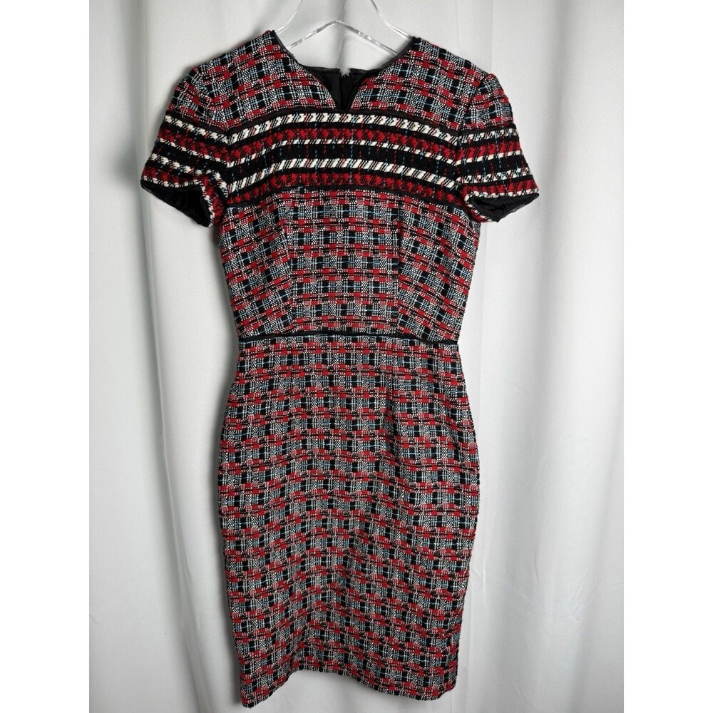 Oscar de la Renta Red Black White Tweed Midi Sheath Dress Sz 0